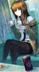 Rule 34 | 1girl, absurdres, can, crossed legs, dr pepper, eating, food, fork, fura, highres, jacket, long hair, makise kurisu, nissin cup noodle, noodles, pantyhose, pantyhose under shorts, shorts, sitting, solo, steins;gate