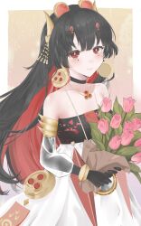 Rule 34 | 1girl, absurdres, bare shoulders, black choker, black gloves, black hair, blush, bouquet, chinese clothes, choker, closed mouth, colored inner hair, decimosky, detached sleeves, earrings, elbow gloves, fake horns, flower, gloves, hair ornament, highres, holding, holding bouquet, horns, jewelry, lucia: plume (eventide glow) (punishing: gray raven), lucia (punishing: gray raven), multicolored hair, pink flower, pink tulip, punishing: gray raven, red eyes, red hair, tulip