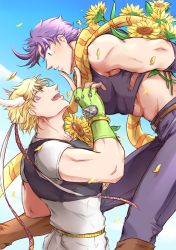 Rule 34 | 2boys, abs, battle tendency, blonde hair, blue eyes, boots, bouquet, caesar anthonio zeppeli, chest protector, facial mark, feather hair ornament, feathers, fingerless gloves, floating, flower, gloves, green eyes, hair ornament, headband, jojo no kimyou na bouken, joseph joestar, joseph joestar (young), male focus, micken, midriff, multicolored clothes, multicolored scarf, multiple boys, purple hair, scarf, sky, striped clothes, striped scarf, sunflower, vertical-striped clothes, vertical-striped scarf, yellow scarf