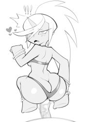 Rule 34 | 1girl, absurdres, ahegao, all fours, ass, bare shoulders, bikini, breasts, butt crack, clothed sex, curvy, fang, greyimpaction, highres, horns, huge ass, kneesocks (psg), leaning forward, long hair, looking back, medium breasts, monochrome, panty &amp; stocking with garterbelt, penis, pointy ears, ponytail, sex, simple background, single horn, solo, swimsuit, thighs, uncensored, wide hips