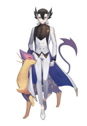 Rule 34 | 1boy, absurdres, alternate costume, black hair, black necktie, brown vest, closed mouth, coat, collared shirt, commentary request, creatures (company), game freak, gen 5 pokemon, gloves, green eyes, grey hair, grimsley (pokemon), hair between eyes, highres, liepard, long sleeves, male focus, mongguri, multicolored hair, necktie, nintendo, open clothes, open coat, pants, pokemon, pokemon (creature), pokemon sm, shirt, shoes, smile, standing, two-tone hair, vest, white background, white footwear, white pants, white vest