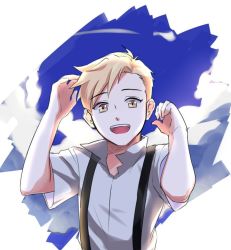 Rule 34 | 1boy, alphonse elric, backlighting, blonde hair, blue background, blue sky, child, cloud, cloudy sky, collared shirt, day, fullmetal alchemist, hands up, happy, high collar, looking at viewer, male focus, open mouth, shin (shinobu612), shirt, short sleeves, simple background, sky, smile, suspenders, swept bangs, teeth, tongue, tsurime, two-tone background, upper body, upper teeth only, white shirt, wide sleeves, yellow eyes