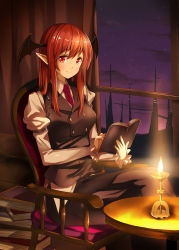 Rule 34 | 1girl, bat wings, blouse, blush, book, book stack, chair, collared shirt, hair between eyes, head wings, indoors, koakuma, long hair, long sleeves, looking at viewer, necktie, oil lamp, ok-ray, pointy ears, purple sky, red eyes, red hair, red necktie, shirt, sitting, sky, smile, solo, star (sky), starry sky, table, touhou, vest, white shirt, wings, wooden floor