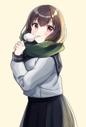 Rule 34 | 1girl, :t, bad id, bad pixiv id, beige background, black sailor collar, black skirt, blush, brown hair, closed mouth, commentary request, eating, food, green scarf, hair between eyes, highres, holding, holding food, long sleeves, looking at viewer, looking to the side, minami saki, original, pleated skirt, red eyes, sailor collar, scarf, school uniform, serafuku, shirt, simple background, skirt, solo, white shirt