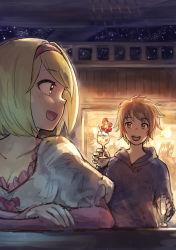 Rule 34 | 10s, 2boys, 2girls, :d, absurdres, aircraft, airship, blonde hair, bow, breasts, brown hair, champagne flute, cleavage, cocktail glass, collarbone, cup, djeeta (granblue fantasy), dress, drinking glass, drinking straw, emoshon, eyebrows, fighter (granblue fantasy), flower, gran (granblue fantasy), granblue fantasy, hairband, heart, hibiscus, highres, hood, hood down, hoodie, katalina (granblue fantasy), light, long sleeves, looking at another, looking back, medium breasts, multiple boys, multiple girls, night, night sky, open mouth, orange eyes, pink bow, pink dress, rackam (granblue fantasy), short hair, sideways mouth, sky, smile, star (sky), wine glass