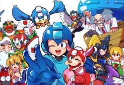 2girls 6+boys armor assault_visor auto_(mega_man) bald_spot bass_(mega_man) beat_(mega_man) black_armor black_helm blonde_hair blue_bodysuit blue_eyes blue_helmet bodysuit chest_jewel coat dr._light_(mega_man) dr._wily_(mega_man) dress eddie_(mega_man) facial_hair forehead_jewel green_dress grey_hair group_picture hand_fan helmet high_ponytail highres holding holding_fan lab_coat long_hair medium_hair mega_man_(character) mega_man_(classic) mega_man_(series) multiple_boys multiple_girls mustache non-humanoid_robot one_eye_closed original piano_(srnhuyuno) ponytail proto_man red_dress red_helmet robot robot_animal robot_bird robot_boy robot_dog roll_(mega_man) rush_(mega_man) scar scar_on_face simple_background srnhuyuno tongue tongue_out treble_(mega_man) w white_background white_beard white_coat white_hair