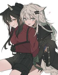 Rule 34 | 2girls, animal ear fluff, animal ear piercing, animal ears, antenna hair, arknights, arms behind back, artist name, black gloves, black hair, black jacket, black pouch, black shorts, black straps, black tail, black undershirt, blush, bound, bound wrists, bracelet, breasts, brown eyes, buttons, chest harness, collared shirt, cowboy shot, diagonal-striped clothes, diagonal-striped necktie, dot nose, double-parted bangs, dress shirt, embarrassed, fang, from side, gloves, green necktie, grey eyes, grey hair, hair between eyes, hair flowing over, hair ornament, hairclip, hand up, happy, harness, heart, highres, infection monitor (arknights), invisible floor, jacket, jewelry, lappland (arknights), lappland (refined horrormare) (arknights), leaning, leaning forward, leaning on person, legs apart, light blush, long hair, long sleeves, looking at viewer, looking to the side, medium breasts, messy hair, multiple girls, necklace, necktie, necktie around wrists, official alternate costume, open mouth, pale skin, parted lips, partially unbuttoned, ponytail, pouch, profile, red shirt, restrained, scar, scar across eye, scar on face, seri (vyrlw), shadow, shirt, shirt tucked in, short shorts, shorts, sidelocks, signature, simple background, sitting, sitting on lap, sitting on person, smile, straight hair, strap, striped clothes, striped shorts, sweatdrop, tail, tail grab, texas (arknights), texas (willpower) (arknights), thigh pouch, thigh strap, underbust, undershirt, unworn necktie, vertical-striped clothes, vertical-striped shorts, very long hair, white background, wide sleeves, wing collar, wolf ears, wolf girl, wolf tail, yuri