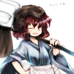 Rule 34 | 1other, androgynous, anmita (rarutos), apron, bad id, bad twitter id, blush, hakama, hakama skirt, helmet, japanese clothes, katano sukune, len&#039;en, one eye closed, open mouth, red eyes, red hair, short hair, skirt, smile, solo, weapon