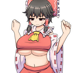 Rule 34 | 1girl, ascot, black hair, bow, breasts, cleavage, detached sleeves, frilled bow, frilled hair tubes, frills, hair bow, hair tubes, hakurei reimu, kigan&#039;eiji, large breasts, navel, red bow, red eyes, ribbon, ribbon-trimmed sleeves, ribbon trim, short hair, skirt, solo, sweatdrop, touhou, underboob, undersized clothes