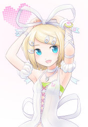 Rule 34 | 1girl, adjusting hair, armpits, arms up, bare shoulders, blonde hair, blue eyes, blush, breasts, collarbone, cute (module), epoxy putty, hair ornament, hairclip, highres, jewelry, kagamine rin, looking at viewer, necklace, open mouth, project diva (series), project diva 2nd, ribbon, short hair, simple background, small breasts, smile, solo, swept bangs, treble clef, vocaloid, white background