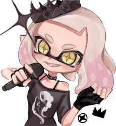 Rule 34 | 1girl, black collar, black gloves, cephalopod eyes, collar, commentary, crown, fingerless gloves, gloves, gradient hair, highres, holding, holding microphone, inkling, looking at viewer, medium hair, microphone, mole, mole under mouth, multicolored hair, nintendo, nosunida, off-shoulder shirt, off shoulder, official alternate costume, open mouth, pearl (splatoon), pink hair, pointy ears, print shirt, shirt, simple background, smile, solo, sparkle, spiked collar, spikes, splatoon (series), splatoon 3, symbol-only commentary, teeth, tentacle hair, thick eyebrows, two-tone hair, upper body, white background, white hair, yellow eyes, yellow pupils