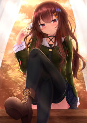 Rule 34 | .live, 1girl, black thighhighs, blush, boots, cloud, collarbone, commentary request, curtains, gajt69, hair between eyes, hair ornament, twirling hair, hairclip, highres, looking at viewer, red eyes, school uniform, sitting, solo, thighhighs, virtual youtuber, yaezawa natori