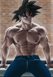 Rule 34 | 1boy, abs, bara, black hair, blue pants, closed mouth, dragon ball, dragonball z, highres, large pectorals, looking to the side, male focus, mc dumb, muscular, muscular male, navel, nipples, pants, pectorals, saiyan, short hair, solo, son goku, spiked hair, topless male