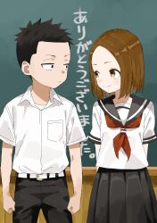 1boy 1girl absurdres arms_behind_back belt belt_buckle black_pants black_sailor_collar black_skirt brown_eyes brown_hair buckle chalkboard closed_mouth collared_shirt commentary_request dress_shirt eye_contact forehead highres karakai_jouzu_no_(moto)_takagi-san karakai_jouzu_no_takagi-san looking_at_another neckerchief nishikata_chii ooshiro_(takagi-san) pants parted_bangs pleated_skirt red_neckerchief sailor_collar school_uniform serafuku shirt short_sleeves skirt smile translation_request white_belt white_shirt yamamoto_souichirou