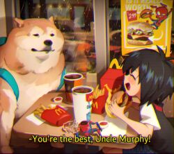 Rule 34 | 1girl, :d, absurdres, ad, animal, backpack, bag, black hair, black shirt, blush, burger, closed eyes, closed mouth, coca-cola, cup, disposable cup, dog, doge, drink, eating, english text, food, french fries, from side, happy, happy meal, highres, holding, holding food, indoors, khyle., marvel, mcdonald&#039;s, night, open mouth, peni parker, poster (object), rain, shirt, smile, soda, sp//dr, spider-ham, spider-man: into the spider-verse, spider-man (series), spider-verse, table, toy, white shirt, window