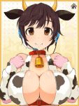 Rule 34 | 10s, 1girl, animal ears, animal print, animated, arm warmers, bandai, bell, belt collar, blinking, blush, bob cut, breasts, brown eyes, brown hair, cleavage, closed mouth, collar, collarbone, covered collarbone, cow ears, cow girl, cow horns, cow print, cowbell, crop top, dot nose, elbow gloves, eyebrows, female focus, gloves, hands up, headset, horns, huge breasts, idolmaster, idolmaster cinderella girls, impossible clothes, lillithlauda, looking at viewer, looping animation, namco, neck bell, oikawa shizuku, orange background, pink gloves, polka dot, polka dot background, raised eyebrows, red collar, short hair, sleeveless, smile, solo, thick eyebrows, ugoira, upper body, video