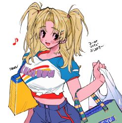 Rule 34 | 1girl, bag, blonde hair, blush, eighth note, highres, holding, holding bag, long hair, midriff, musical note, open mouth, original, parted bangs, print shirt, rainbow, shirt, short sleeves, simple background, smile, solo, soreeyu (sore-yu), twintails, upper body, white background