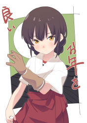 Rule 34 | 1girl, blush, border, braid, braided bun, brown eyes, brown gloves, brown hair, closed mouth, clothes pull, commentary request, cowboy shot, dot nose, double bun, dougi, female focus, gloves, green background, hair bun, hakama, japanese clothes, kantai collection, looking at viewer, pulling own clothes, red hakama, sanninme no haru, short sleeves, single glove, solo, tareme, translation request, upper body, white border, yawata maru (kancolle), yellow eyes