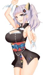 Rule 34 | 1girl, arm up, bad id, bad pixiv id, black shirt, black skirt, blue eyes, breasts, cleavage cutout, clothing cutout, cowboy shot, d-pad, d-pad hair ornament, fenrir (fenrir042), from side, grey hair, hair ornament, kaguya luna, large breasts, looking at viewer, open mouth, ribbon, sash, shirt, short hair, simple background, skirt, solo, standing, the moon studio, twintails, virtual youtuber, virtual youtuber shiten&#039;nou, white background, white ribbon, wrist ribbon