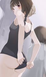 Rule 34 | 2girls, adjusting clothes, adjusting swimsuit, arms behind back, ass, back, blue one-piece swimsuit, blurry, blurry background, blush, breasts, brown hair, commentary request, extra, highres, hiroki (yyqw7151), locker, locker room, looking back, multiple girls, one-piece swimsuit, original, purple eyes, school swimsuit, school swimsuit flap, short hair, small breasts, solo focus, swimsuit, thick thighs, thighs