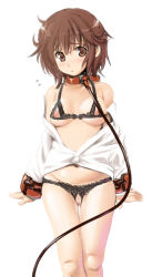 Rule 34 | 1girl, bad id, bad pixiv id, bdsm, black panties, bra, breasts, brown eyes, brown hair, character request, collar, crotchless, crotchless panties, female focus, kouguchi moto, leash, lingerie, looking at viewer, navel, nippleless clothes, nipples, open clothes, open shirt, panties, pussy, shirt, short hair, slave, solo, underwear, viewer holding leash