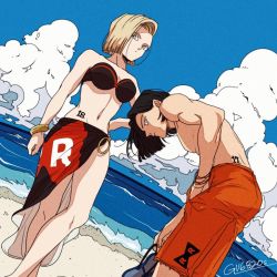 Rule 34 | 1boy, 1girl, android 17, android 18, beach, bikini, black hair, blonde hair, blue eyes, breasts, brother and sister, cleavage, crossed legs, day, dragon ball, dragonball z, flip-flops, grey eyes, groin, hand in pocket, hand on own hip, large breasts, leaning forward, looking at viewer, male swimwear, muscular, navel, ocean, orange male swimwear, orange swim trunks, outdoors, red ribbon, red ribbon army, ribbon, sandals, sarong, short hair, siblings, swim trunks, swimsuit, tama azusa hatsu, tattoo, water