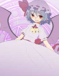 Rule 34 | 1girl, :d, abe suke, ascot, bat wings, bow, brown eyes, dress, grey hair, hair between eyes, hat, hat bow, looking at viewer, mob cap, open mouth, pointy ears, red bow, remilia scarlet, short sleeves, smile, solo, touhou, wings
