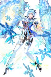 Rule 34 | 1girl, ascot, blue dress, blue eyes, blue hair, breasts, c.seryl, cleavage, dress, earrings, full body, hairband, high heels, highres, jewelry, kirna (soccer spirits), light blue hair, long sleeves, looking at viewer, magic, official art, parted lips, short hair, snowflakes, soccer spirits, solo, standing, thighhighs, transparent background, white ascot, white thighhighs