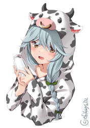 Rule 34 | 1girl, animal hood, animal print, blush, bottle, braid, brown eyes, collarbone, cow hood, cow print, ebifurya, hamanami (kancolle), highres, holding, holding bottle, hood, kantai collection, long hair, long sleeves, one-hour drawing challenge, open mouth, silver hair, simple background, single braid, smile, solo, twitter username, white background