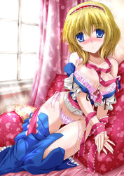 Rule 34 | 1girl, alice margatroid, bdsm, bed sheet, blonde hair, blue eyes, blush, bondage, bound, bound wrists, bra, breasts, curtains, frills, hairband, heart, large breasts, on bed, panties, pillow, ribbon, short hair, side-tie panties, skirt, solo, sparkle, touhou, underwear, undressing, untied, window, yamu (reverse noise)