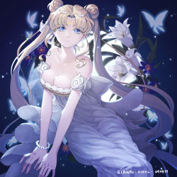 Rule 34 | 1girl, bare shoulders, bishoujo senshi sailor moon, blonde hair, blue background, blue eyes, bow, bracelet, breasts, bug, butterfly, cleavage, crescent, crescent facial mark, dated, double bun, dress, expressionless, facial mark, flower, forehead mark, highres, insect, jewelry, large breasts, lily (flower), long hair, looking at viewer, princess serenity, siann, signature, solo, tsukino usagi, twintails, white bow, white dress