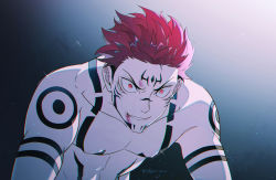 Rule 34 | 1boy, abs, arm tattoo, artist name, blood, blood on face, chest tattoo, evil grin, evil smile, extra eyes, facial tattoo, glorenia, grin, highres, injury, jujutsu kaisen, male focus, parted lips, pectorals, pink hair, red eyes, ryoumen sukuna (jujutsu kaisen), short hair, shoulder tattoo, sideburns, smile, solo, tattoo, topless male, undercut
