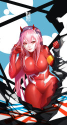 Rule 34 | 10s, 1girl, artist name, bent over, bodysuit, breasts, commentary, covered navel, darling in the franxx, green eyes, hairband, highres, horns, large breasts, legs together, lips, looking at viewer, parted lips, pilot suit, pink hair, red bodysuit, shiny clothes, skin tight, smile, solo, straight hair, thighs, white hairband, wookyung, zero two (darling in the franxx)