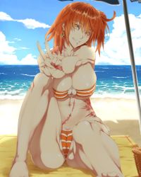 Rule 34 | 1girl, ahoge, beach, beach towel, beach umbrella, bikini, blue sky, breasts, cameltoe, cloud, collarbone, commentary request, covered erect nipples, day, earrings, eyes visible through hair, fate/grand order, fate (series), fingernails, fujimaru ritsuka (female), fujimaru ritsuka (female) (brilliant summer), hair ornament, hair over eyes, hair scrunchie, hazuki (5170712), highres, jewelry, large breasts, long fingernails, looking at viewer, navel, official alternate costume, one side up, orange hair, outdoors, sand, scar, scar on body, scar on hand, scar on shoulder, scrunchie, side ponytail, sitting, sky, smile, solo, stomach, striped bikini, striped clothes, swimsuit, toes, towel, umbrella, v, water, yellow eyes