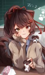 Rule 34 | 1girl, absurdres, animal ears, blue necktie, blush, brown cardigan, brown hair, cardigan, classroom, commentary request, dog ears, heterochromia, high ponytail, highres, inui toko, long hair, long sleeves, nagori0127, necktie, nijisanji, open mouth, red eyes, solo, swept bangs, translated, very long hair, virtual youtuber, yellow eyes