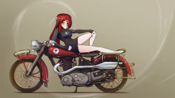 Rule 34 | 1girl, blush, breasts, cross, cross necklace, dress, flats, hair over one eye, hand on own knee, inverted cross, jewelry, long hair, looking away, lying, medium breasts, motor vehicle, motorcycle, necklace, panties, pantyshot, parasoul (skullgirls), reclining, red hair, short dress, signature, skullgirls, solo, sweater, sweater dress, underwear, vehicle, yellow eyes