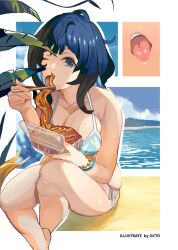 1girl ahoge beach bikini blue_bikini blue_eyes blue_hair blue_sky breasts cleavage cloud day eating feet_out_of_frame large_breasts make_heroine_ga_oo_sugiru! medium_hair ocean octo_eight one_eye_closed outdoors side-tie_bikini_bottom sky solo swimsuit yakisoba yanami_anna