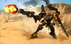 Rule 34 | armored core, armored core 4, commentary, damaged, day, desert, dust, english commentary, fighting, firing, gun, highres, holding, holding gun, holding sword, holding weapon, mecha, mecha focus, muzzle flash, no humans, optionaltypo, outdoors, rifle, robot, sand, science fiction, shell casing, shoulder cannon, signature, sky, smoke, sword, weapon