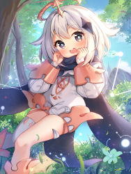 Rule 34 | 1girl, absurdres, blue scarf, blush, constellation, flower, genshin impact, grey eyes, hair ornament, halo, hands up, hanen (borry), highres, long sleeves, medium hair, open mouth, outdoors, paimon (genshin impact), scarf, single thighhigh, sleeve cuffs, smile, solo, sparkle, teeth, thighhighs, tree, upper teeth only, white hair, white thighhighs