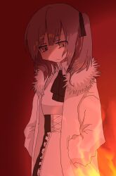 1girl :| ada_(iyowa) adipocere_(vocaloid) annoyed apron black_neckerchief black_ribbon closed_mouth collared_shirt cowboy_shot dot_nose fire frilled_apron frills fur-trimmed_jacket fur_trim grey_eyes grey_hair hair_ribbon hands_in_pockets head_tilt highres hood hooded_jacket iyowa_girls jacket long_sleeves looking_at_viewer medium_hair neckerchief one_side_up open_clothes open_jacket red_background ribbon saki_(saki_tiara0905) shirt simple_background solo waist_apron white_apron white_shirt