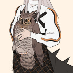 Rule 34 | 1girl, animal, arkiwi, arknights, bird, black skirt, brown background, cowboy shot, dragon girl, dragon tail, grey hair, head out of frame, holding, holding animal, holding bird, jacket, long hair, long sleeves, orange nails, owl, saria (arknights), silence (arknights), silence (owl) (arknights), simple background, skirt, solo, tail, white jacket