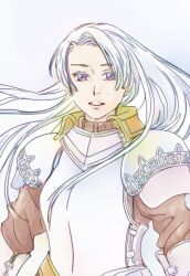 Rule 34 | 1girl, armor, chiako (chanome), chris lightfellow, gensou suikoden, gensou suikoden iii, long hair, looking at viewer, purple eyes, simple background, solo, white background, white hair