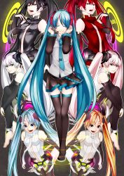 Rule 34 | 6+girls, absurdres, alternate color, alternate hair color, anklet, aqua hair, bad id, bad pixiv id, barefoot, belt, black hair, blonde hair, blue eyes, blue hair, bridal gauntlets, detached sleeves, elbow gloves, closed eyes, fingerless gloves, gloves, green eyes, hatsune miku, hatsune miku (append), highres, jewelry, kurono kito, long hair, multiple girls, multiple persona, navel, necktie, pink eyes, pink hair, purple eyes, red eyes, red hair, smile, toeless legwear, toes, twintails, very long hair, vocaloid, vocaloid append, white hair, yellow eyes