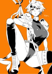 Rule 34 | 1girl, armor, breasts, camille (suikoden), gensou suikoden, gensou suikoden i, greyscale, large breasts, leotard, looking at viewer, monochrome, orange background, orange eyes, polearm, short hair, simple background, solo, spear, thighhighs, weapon, yukataro