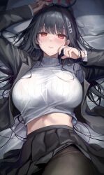 Rule 34 | 1girl, absurdres, aibek, black hair, black pantyhose, black skirt, black suit, blue archive, blunt bangs, blush, breasts, closed mouth, embarrassed, formal, hair ornament, hairclip, halo, highres, large breasts, long hair, long sleeves, looking at viewer, lying, midriff peek, on back, on bed, open clothes, pantyhose, red eyes, red halo, rio (blue archive), skirt, solo, suit, sweat, sweater, turtleneck, turtleneck sweater, unkempt, upper body, white background, white sweater