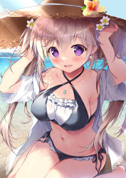 Rule 34 | 1girl, beach, bikini, black bikini, blue sky, blush, breasts, brown hair, cleavage, collarbone, commentary request, day, flower, frilled bikini, frills, hair between eyes, hand on headwear, hat, hat flower, hibiscus, highres, jewelry, long hair, medium breasts, mikeou, navel, necklace, ocean, open mouth, original, outdoors, purple eyes, shirt, sitting, sky, smile, solo, straw hat, sun hat, swimsuit, teeth, twintails, twitter username, upper teeth only, wariza, white shirt