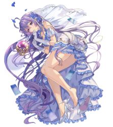 Rule 34 | 1girl, absurdly long hair, ahoge, aqua bow, aqua bowtie, artist request, bare legs, bare shoulders, blue flower, blue petals, blue rose, bow, bowtie, card, choker, dress, final gear, flower, full body, gloves, hair flower, hair ornament, high heels, long hair, looking at viewer, lying, off-shoulder dress, off shoulder, official art, purple eyes, purple hair, rose, see-through, see-through veil, shoe strap, simple background, single barefoot, solo, tachi-e, third-party source, two-sided footwear, unworn shoe, veil, very long hair, viola (final gear), white background, white choker, white dress, white flower, white footwear, white gloves, white veil