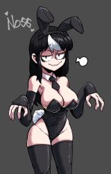 Rule 34 | 1girl, animal ears, bare hips, bare shoulders, bbtan96, black hair, black sleeves, borrowed character, breasts, cleavage, detached collar, fake animal ears, grey background, half-closed eyes, highres, large breasts, leotard, long hair, looking at viewer, necktie, noss (rariatto), playboy bunny, rabbit ears, rabbit tail, sidelocks, simple background, skindentation, tail, thighhighs, thighs, wavy mouth