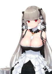 Rule 34 | 1girl, azur lane, bare shoulders, between breasts, black dress, breasts, cleavage, dress, earrings, formidable (azur lane), frilled dress, frills, grey hair, hair ornament, highres, jewelry, large breasts, long hair, looking at viewer, red eyes, ribbon, simple background, solo, stm (setaku3), twintails, two-tone dress, two-tone ribbon, very long hair