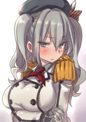 Rule 34 | 10s, 1girl, bad id, bad pixiv id, blue eyes, breasts, crossed arms, epaulettes, hair between eyes, kantai collection, kashima (kancolle), large breasts, looking at viewer, military, military uniform, silver hair, solo, try (lsc), tsurime, twintails, uniform, upper body, wavy hair